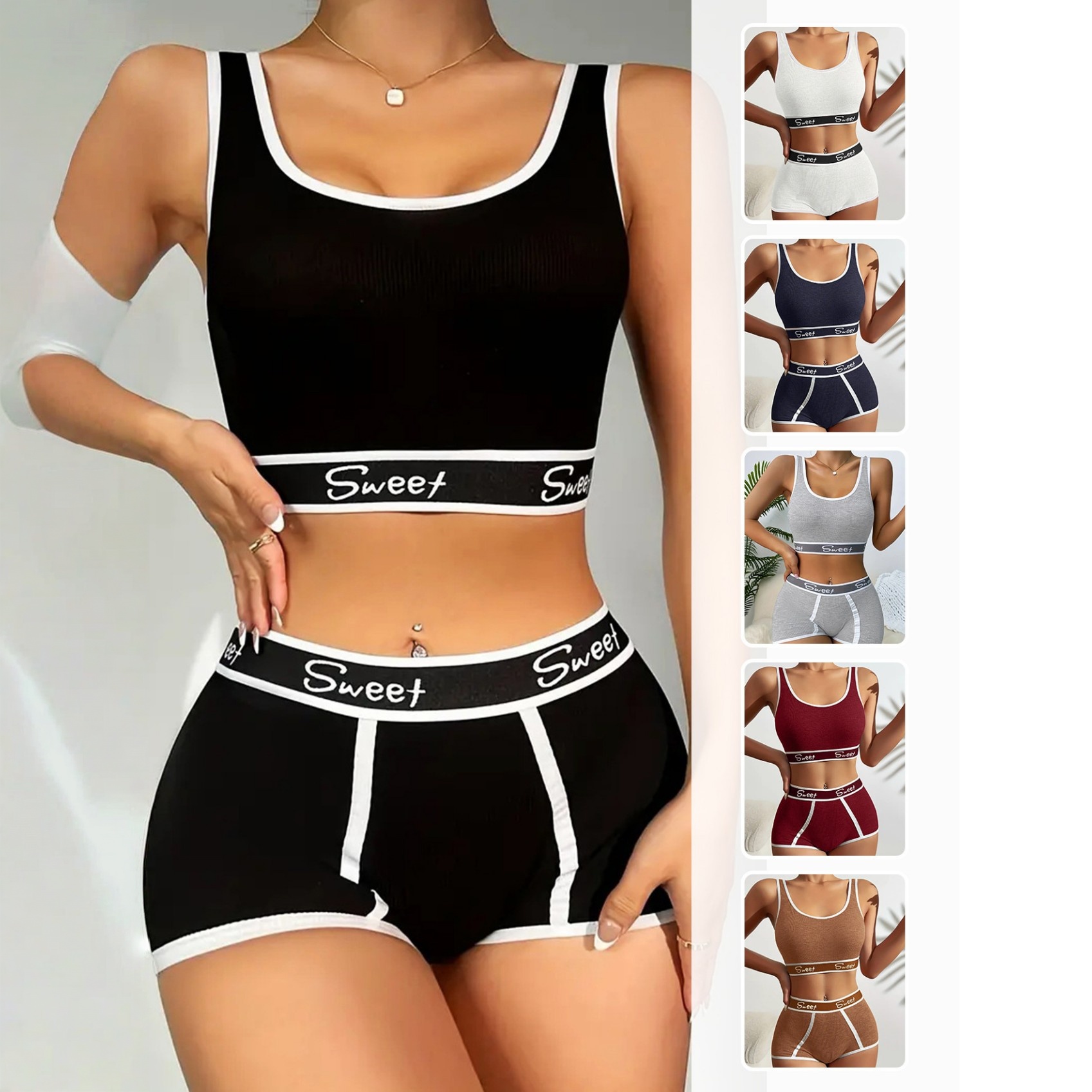Letter Print Bra Panties Ribbed Wireless Bra Elastic Panties
